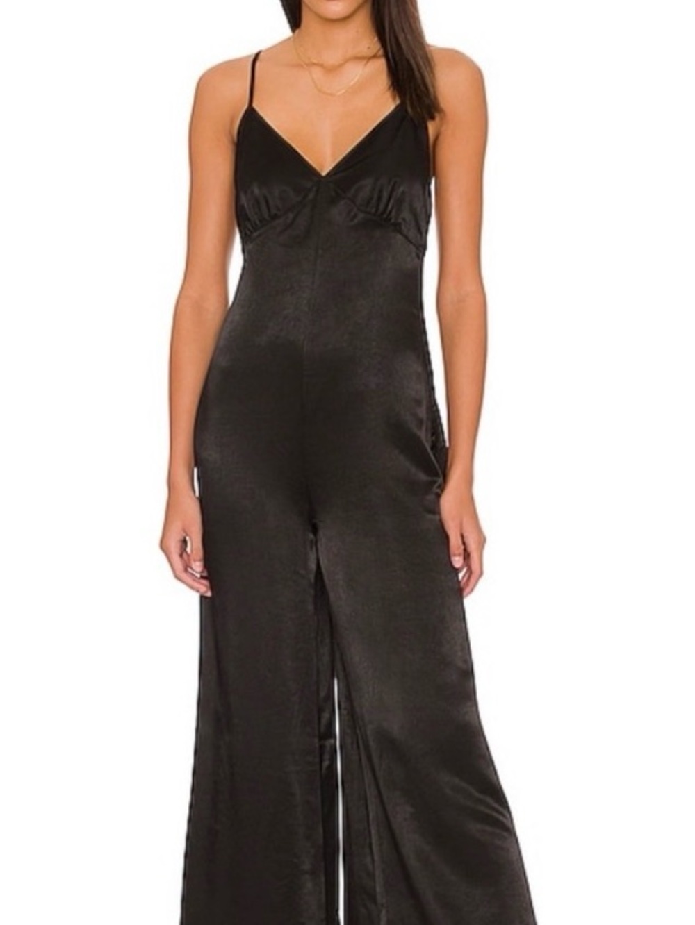 Satin Black Adjustable Spaghetti Strap Jumpsuit Low Back